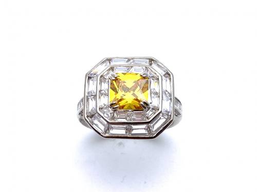 Silver Yellow & Clear CZ Cluster Ring