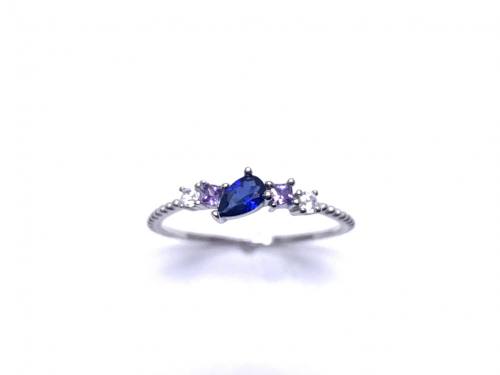Silver Dark Blue Lilac & Clear CZ Fancy Ring