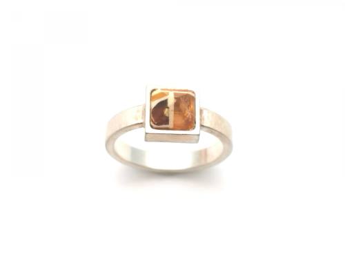 Silver Square Amber Ring
