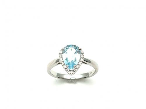 Silver Pear Shaped Blue Topaz and CZ Cluster Ring