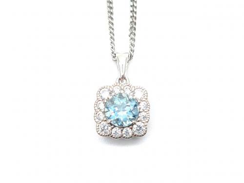 Silver Aquamarine & CZ Cluster Pendant & Chain