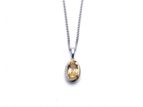 Silver Citrine and CZ Pendant & Chain