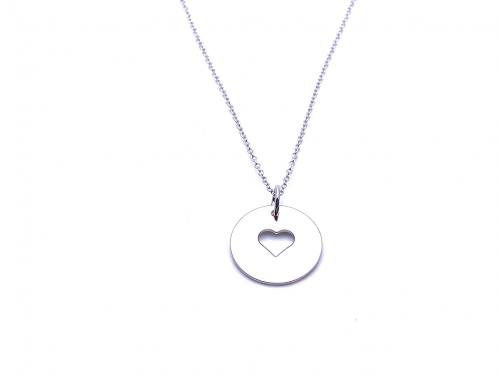 Silver Round Disc Heart Pendant & Chain 16-18 Inch