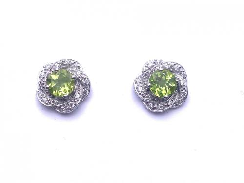 Silver Peridot and CZ Cluster Stud Earrings