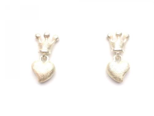Silver Brushed Crowned Heart Drop Earrings