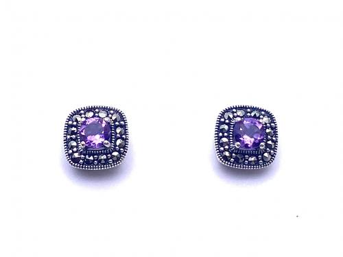 Silver and Marcasite Amethyst Stud Earrings