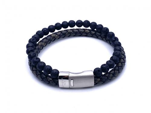 Black Leather & Lava Stone Bracelet Steel Clasp