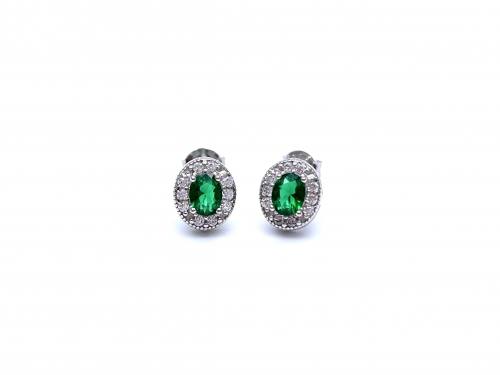 Silver Green & White CZ Oval Stud Earrings