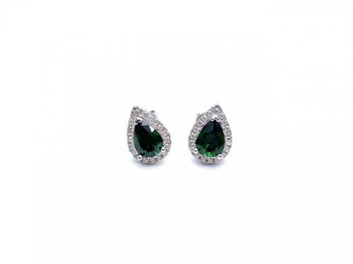 Silver Green & White CZ Peardrop Stud Earrings