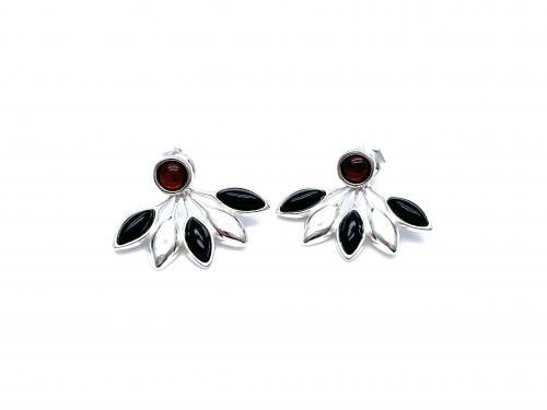 Silver Amber & Whitby Jet Fancy Stud Earrings