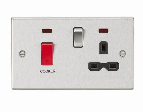 Knightsbridge 45A DP Cooker Switch & 13A Switched Socket with Neons & Black Insert - Square Edge Brushed Chrome - (CS83BC)