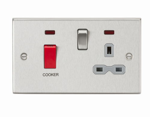 Knightsbridge 45A DP Cooker Switch & 13A Switched Socket with Neons & Grey Insert - Square Edge Brushed Chrome - (CS83BCG)