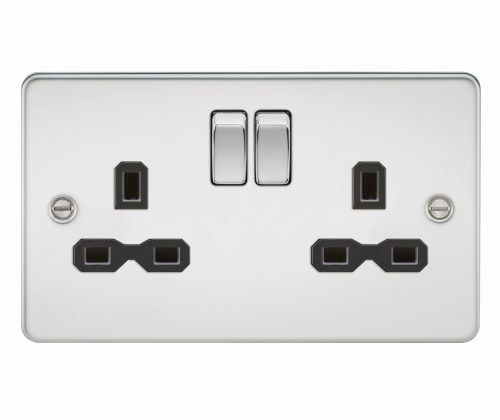 Knightsbridge Flat plate 13A 2G DP switched socket - polished chrome with black insert (FPR9000PC)