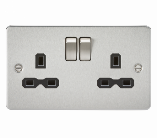 Knightsbridge Flat plate 13A 2G DP switched socket - brushed chrome with black insert (FPR9000BC)