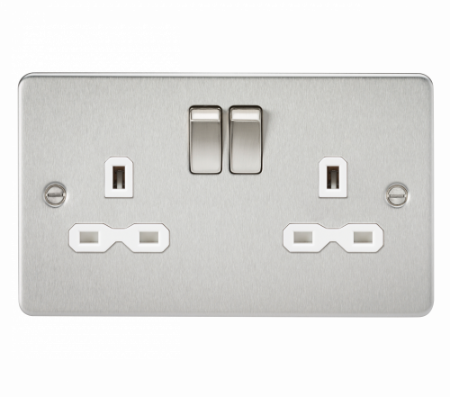 Knightsbridge Flat plate 13A 2G DP switched socket - brushed chrome with white insert (FPR9000BCW)
