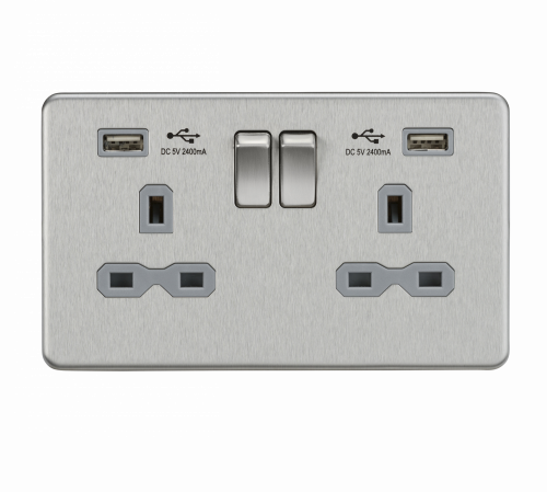 Knightsbridge 13A 2G Switched Socket with Dual USB Charger (2.4A) - Brushed Chrome with Grey Insert - (SFR9224BCG)