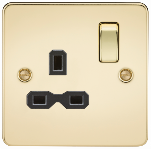Knightsbridge Flat plate 13A 1G DP switched socket - polished brass with black insert (FPR7000PB)