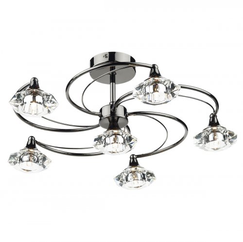 Dar Luther 6 Light Semi Flush with Crystal Glass Black Chrome