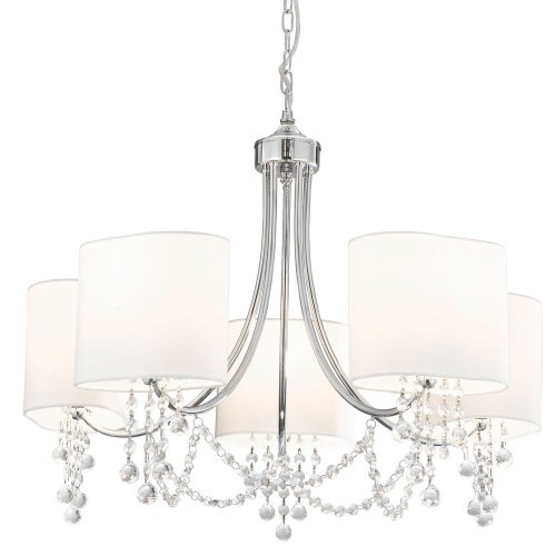 Searchlight Nina 5 Light Ceiling, Chrome, Clear Crystal, White Shades