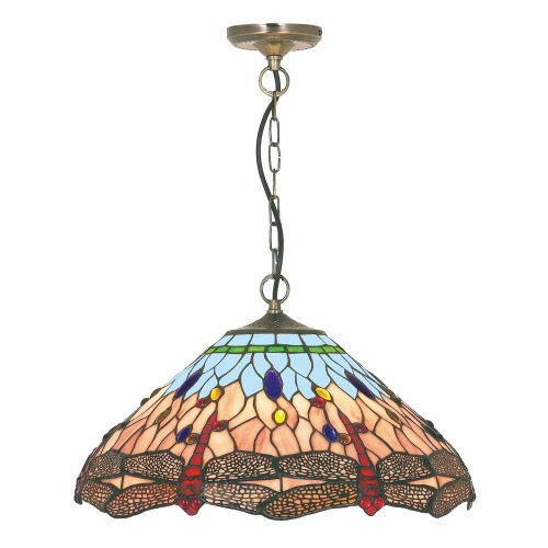 Searchlight Dragonfly Pendant, Antique Brass, Tiffany Glass