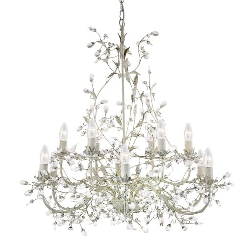 Searchlight Almandite 12 Light Chandelier Cream & Gold Metal with Glass Drops
