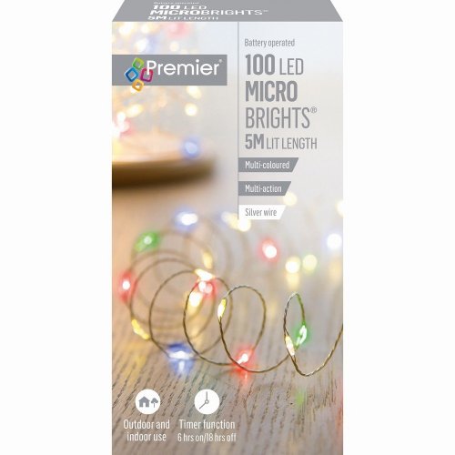 Premier Decorations MicroBrights Battery Operated Multi-Action Lights with Timer 100 LED on Silver Wire - Multicoloured