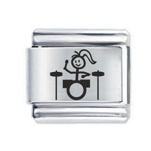 Daisy Charm - Etched Stick Woman Playing Drums * 9mm Classic Italian charm