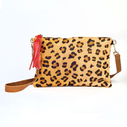 Leopard Print Cow Hide & Red Leather Tassel Clutch Handbag - My Doris