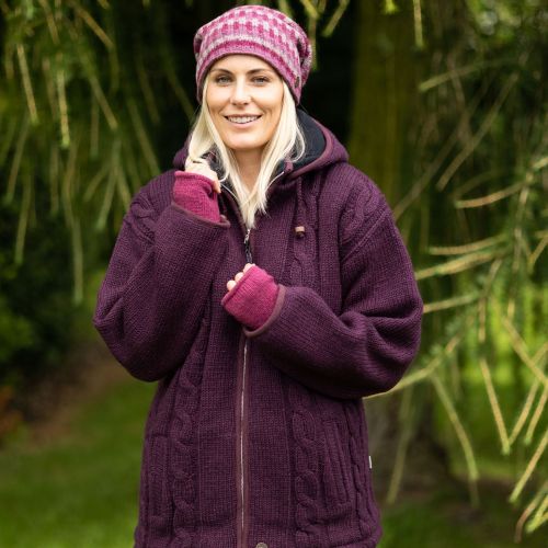 Fleece lined - detachable hood - cable jacket - Aubergine