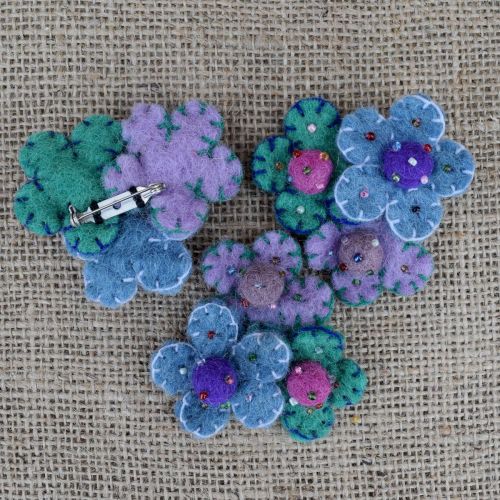 Three flower brooch - hand made felt - gentle blues, mauves and green