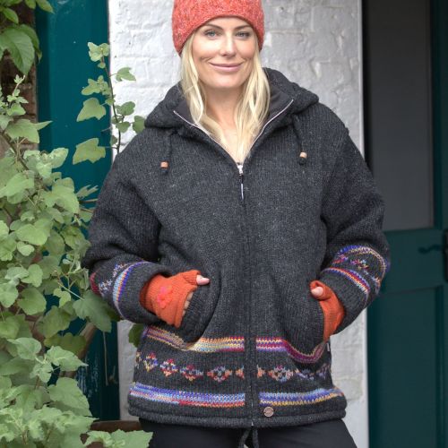 Handmade Pure Wool - tie dye diamond border jacket - charcoal
