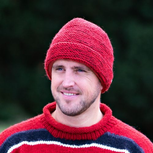 Chunky pure wool - Two tone turn up beanie - reds