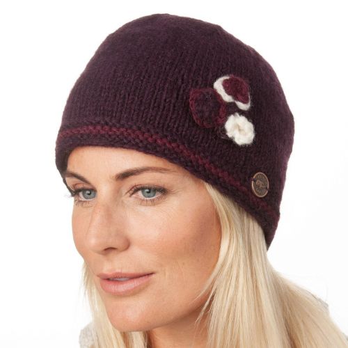 Half fleece lined - pure wool - three flower - beanie - aubergine