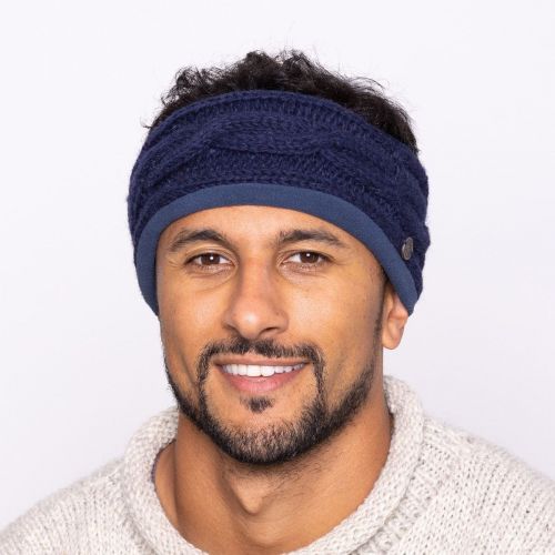 Pure Wool Fleece lined headband - cable - Dark blue