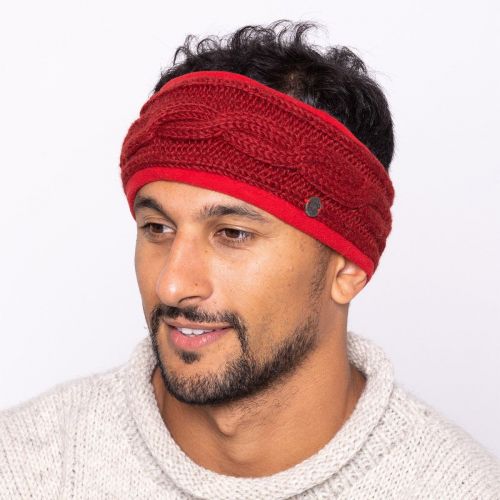 Pure Wool Fleece lined headband - cable - Deep Red