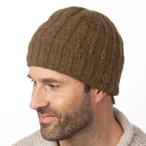 Pure Wool Hand knit - straight chain stitch beanie - khaki