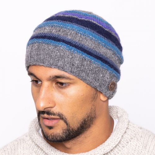 Pure Wool handknit - ridge stripe beanie - blues