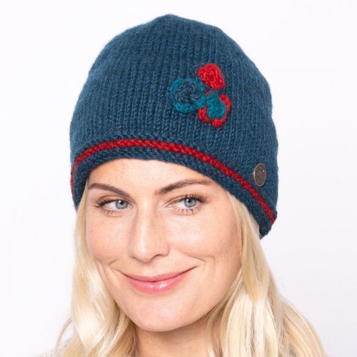 Half fleece lined - three flower beanie - pure wool - teal