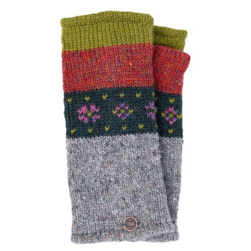 Pure wool - flower tick wristwarmer - rust heather/green