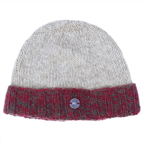 Hand knit pure wool - turn up beanie - spice/khaki-pale grey