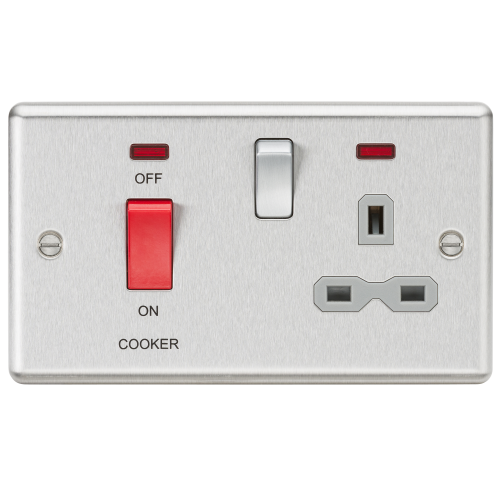 Knightsbridge 45A DP Cooker Switch 13A Switched Socket with Neons & Grey Insert - Rounded Edge Brushed Chrome (CL83BCG)