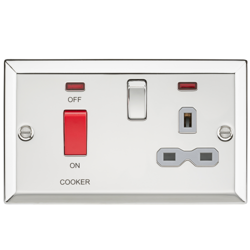 Knightsbridge 45A DP Cooker Switch & 13A Switched Socket with Neons & Grey Insert - Bevelled Edge Polished Chrome - (CV83PCG)
