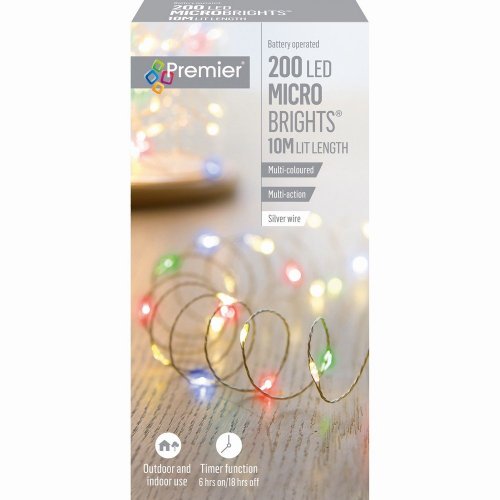 Premier Decorations MicroBrights Battery Operated Multi-Action Lights with Timer 200 LED on Silver Wire - Multicoloured