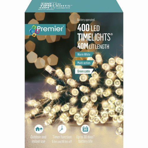 Premier Decorations Timelights Battery Operated Multi-Action 400 LED with Green Cable - Warm White
