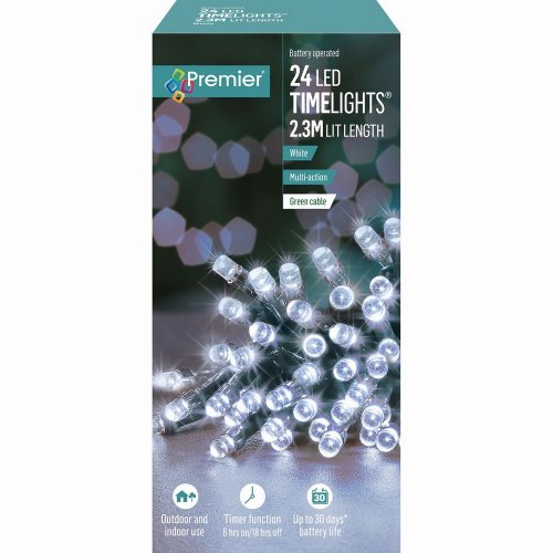 Premier Decorations Timelights Battery Operated Multi-Action 24 LED with Green Cable - White