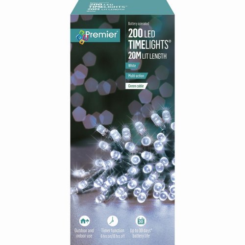 Premier Decorations Timelights Battery Operated Multi-Action 200 LED with Green Cable - White