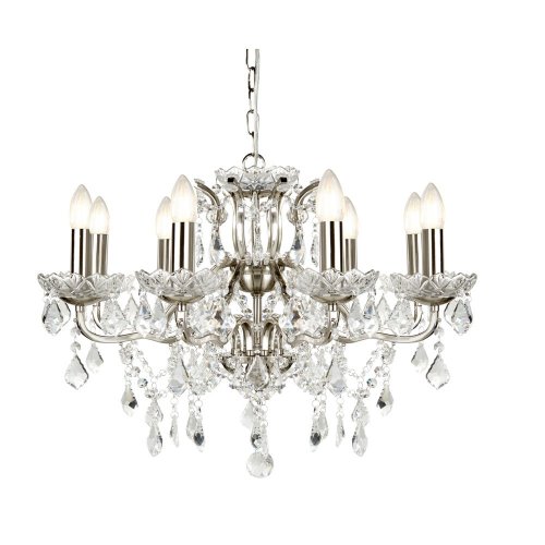 Searchlight Paris 8Lt Chandelier, Clear Crystal Drops & Trim, Satin Silver