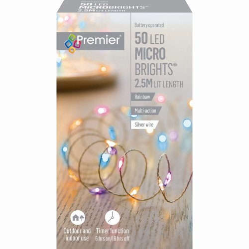 Premier Decorations MicroBrights Battery Operated Multi-Action Lights with Timer 50 LED on Silver Wire - Rainbow