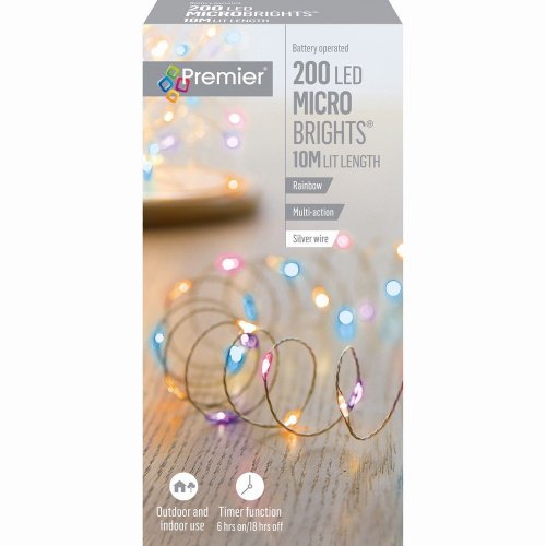 Premier Decorations MicroBrights Battery Operated Multi-Action Lights with Timer 200 LED on Silver Wire - Rainbow