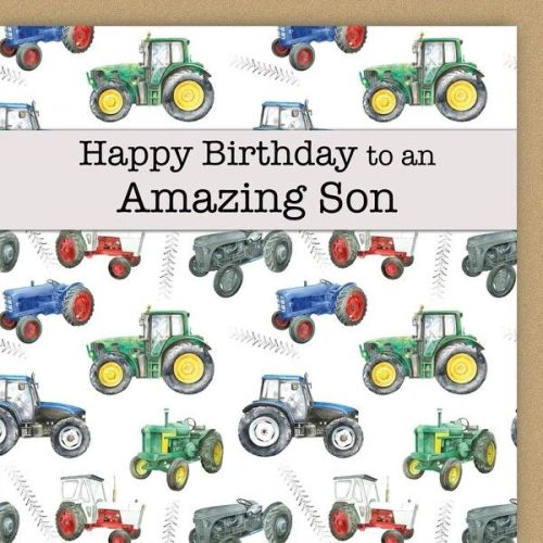 Birthday Card - Son - Vintage Tractors - Arty Penguin